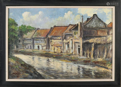 D. Bronkhorst '53. Stream with houses. Oil on linen.