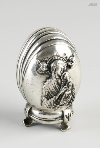 Religious egg-shaped object, silver plated, with an