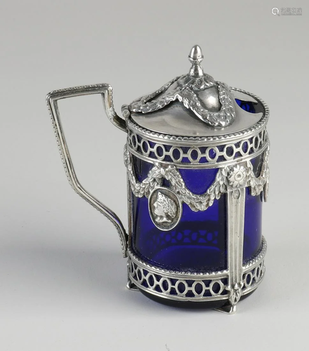 Silver mustard pot, 833/000, with blue glass liner.