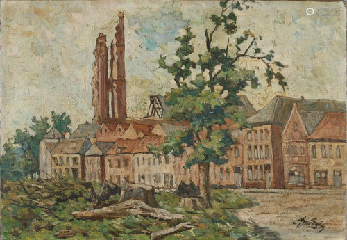 Unclearly signed. Circa 1920. Cityscape with burnt