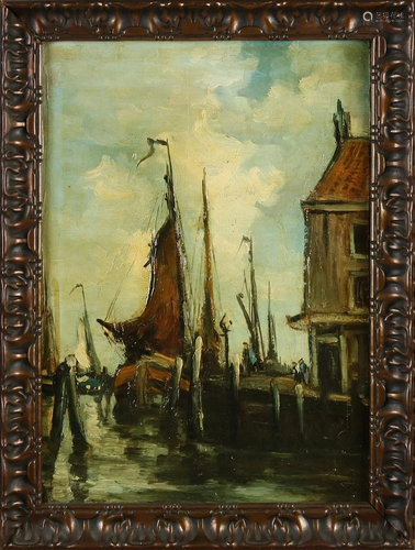 Unsigned. Circa 1920. Dutch harbor with figures. Oil on