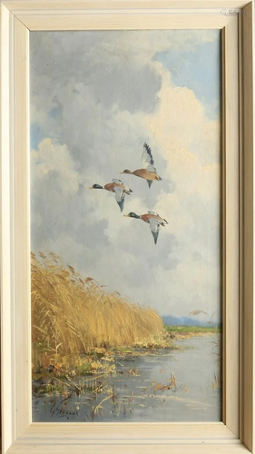 G. Stevens. 20th century. Landscape with flying ducks.