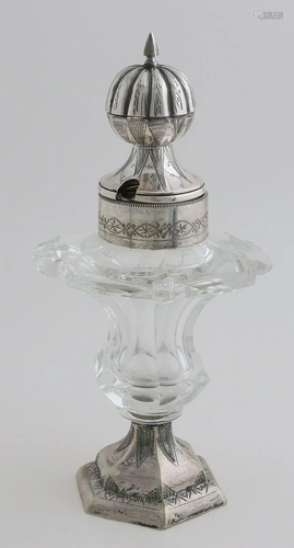 Crystal mustard pot with brace-shaped rim, placed on a