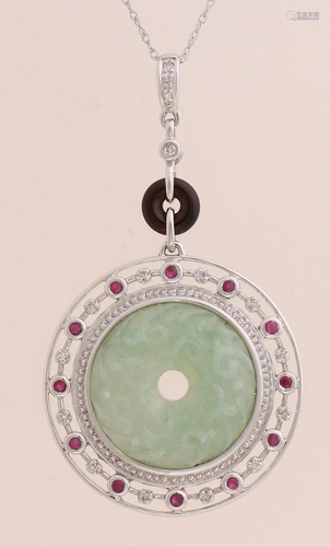 White gold pendant, 585/000, with jade, ruby â€‹â€‹and