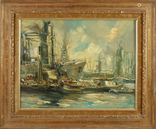 J. vd Heijden. Circa 1950. Harbor view of Rotterdam.