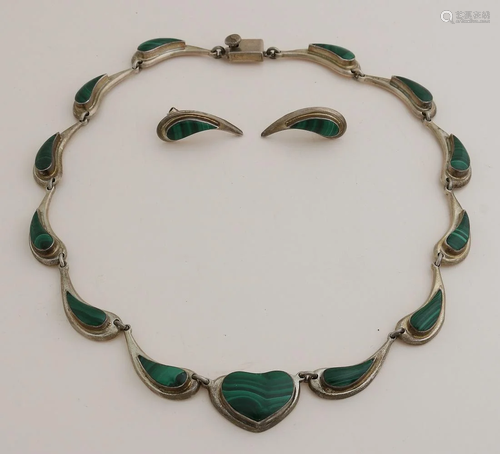 Silver choker and earrings, 925/000, with malachite,