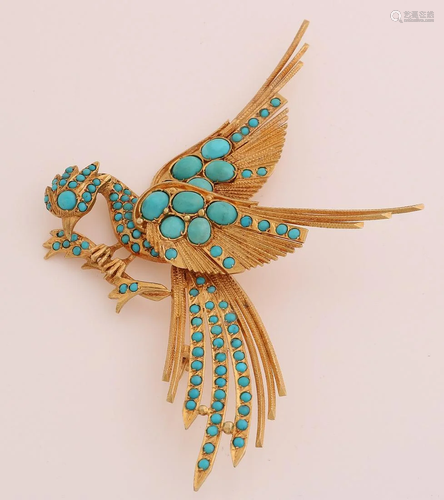 Yellow gold brooch, 750/000, in the shape of a bird of