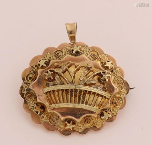 Yellow gold regional brooch, 585/000, can also be worn