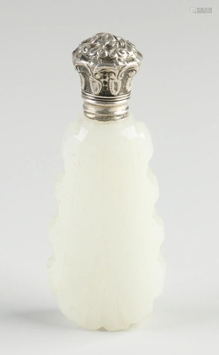 Odeur flacon of milk glass with silver collar and cap,