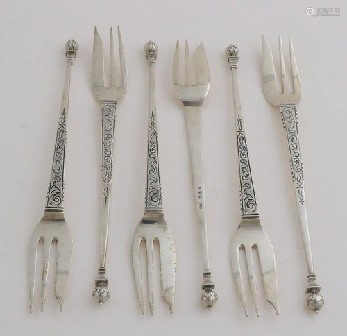 Six silver cake forks, 835/000, Long model with an