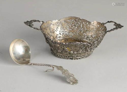 Silver candy basket and cream spoon, 835/000. Openwork