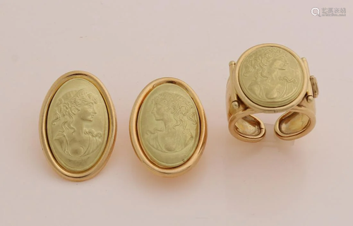 Yellow gold ring and earrings, 750/000, oval model with