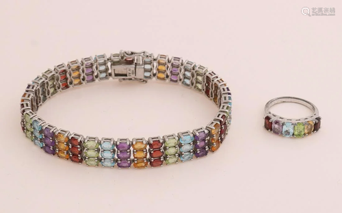 Silver bracelet and ring, 925/000, with colored stones.