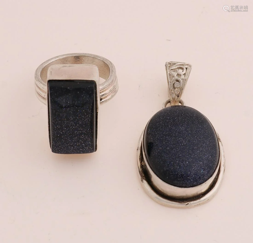 Silver pendant and ring, 925/000, with blue gold stone.