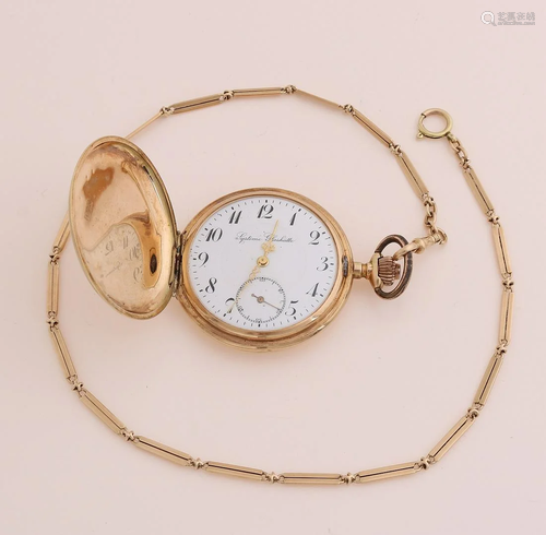 Yellow gold pocket watch with chain, 585/000. Pocket