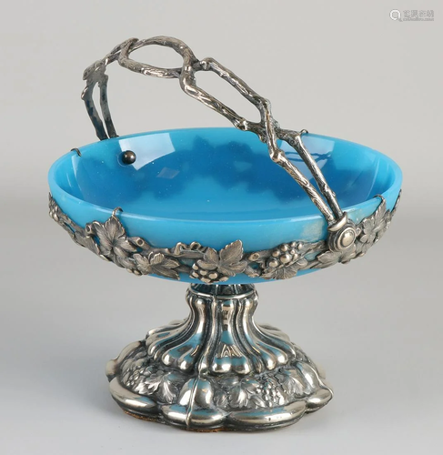 Silver grape bowl, BWG, 750/000, with blue glass bowl