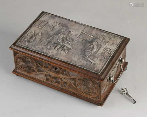 Frisian carved wooden box with silver plaque, handles