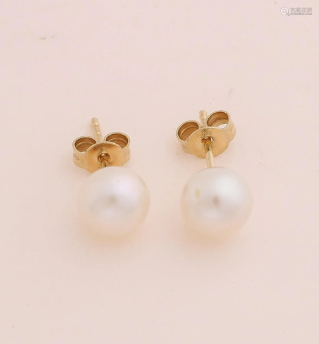 Yellow gold ear studs, 585/000, with white freshwater