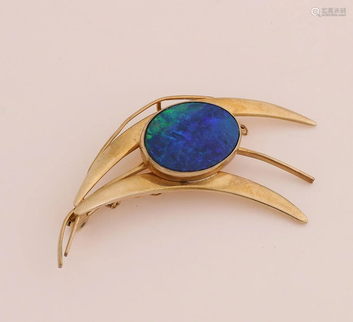 Stylistic flower brooch, 375/000, with blue opal.