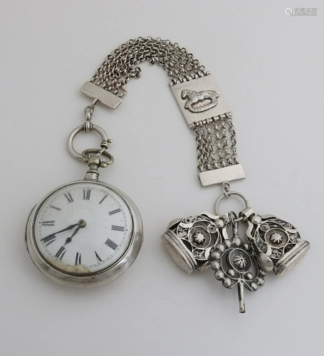 Silver pocket watch with chatelaine and signets,