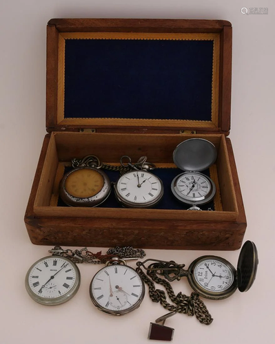 Wooden box with carving, with 6 pocket watches, various