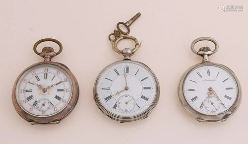 Three silver pocket watches, 800/000, all fitted with a