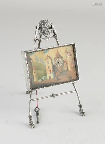 Beautiful miniature painting clock on silver easel,