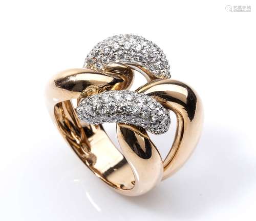 Gold and diamonds ring 18k rose gold, knot shape, set with b...