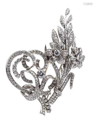 Gold and diamonds brooch 18K white gold, floral motif, set w...