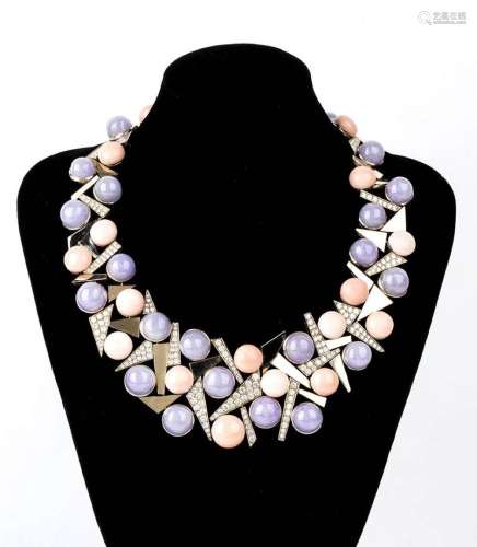 Gold, lavander jadeite, pink coral and diamonds necklace - b...