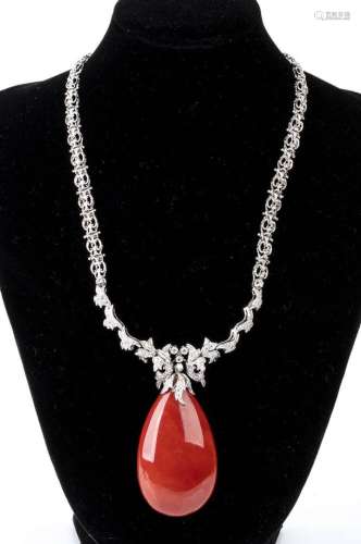 Gold, diamonds and pear drop Aka coral necklace 18k white go...