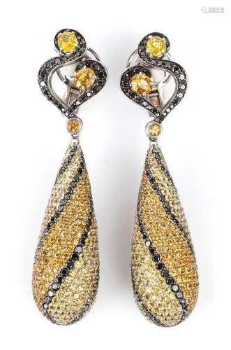 Gold, citrine quartz and black diamonds drop earrings18k whi...