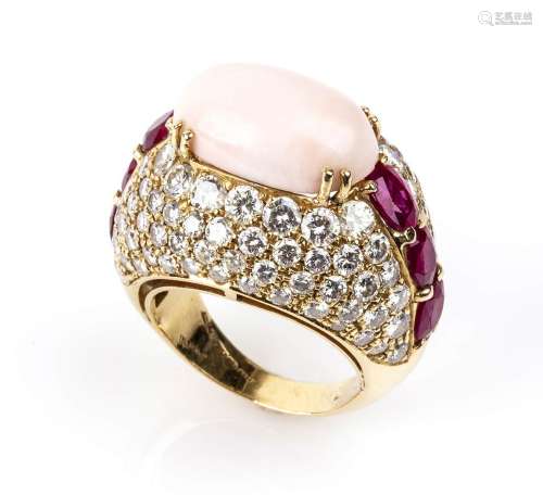 Gold, rubies, pink angel skin coral and diamonds ring - by F...