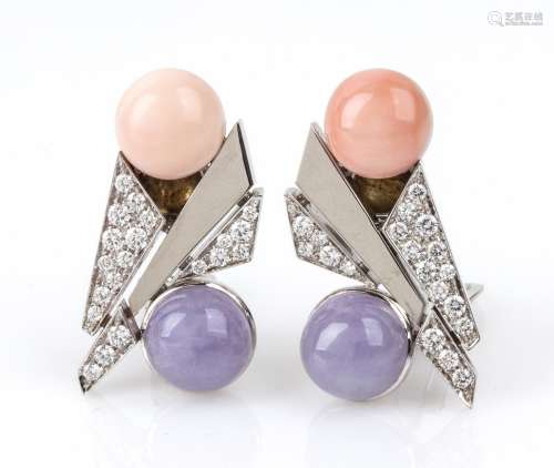 Gold, lavander jadeite, pink coral and diamonds earrings - b...