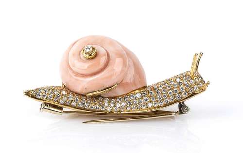 Gold, diamonds and pink coral snail brooch - by FILIPPO MORO...