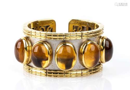 Gold and stainless steel citrine quartz rigid band bracelet ...