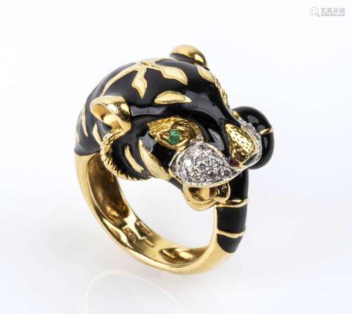 Gold, emerald, enamel panther and diamonds ring - by LEGNAZZ...