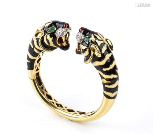Gold, crysoprase, enamel and diamonds panther bangle bracele...