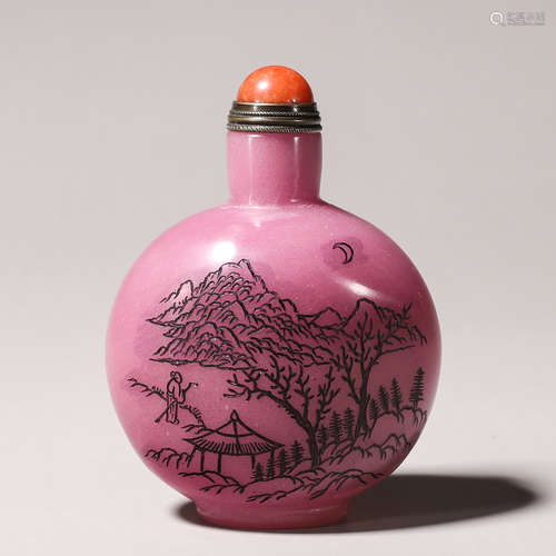 An inscribed landscape glass snuff bottle