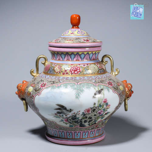 A famille rose bird and flower porcelain zun with lion shape...