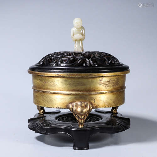 A red sandalwood jade-inlaid gilding copper incense burner