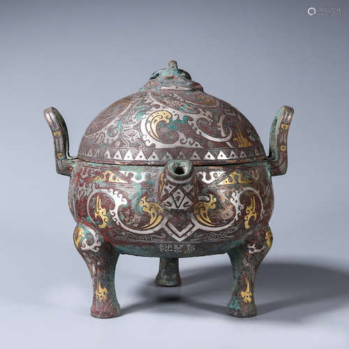 A seawater patterned double-eared bronze pot