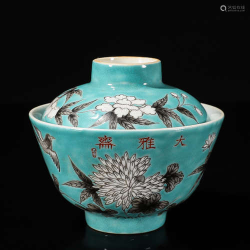 An ink colored flower porcelain covered cup