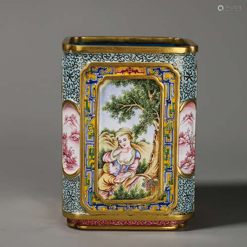 A figure copper enamel brush pot