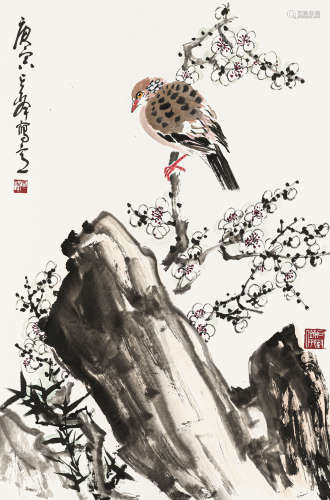 孙其峰 庚寅（2010） 白梅斑鸠 设色纸本 托片