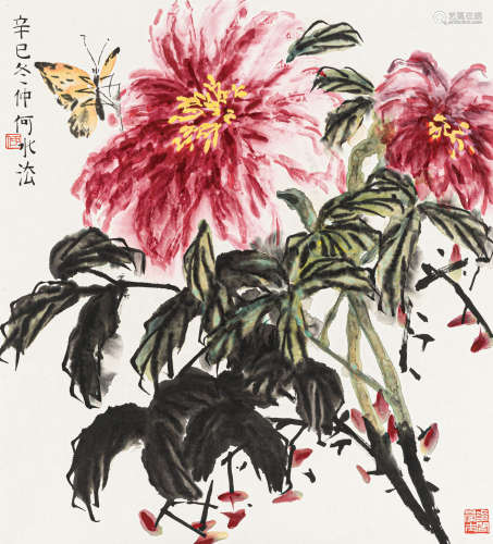 何水法 辛巳（2001） 花卉蝴蝶 设色纸本 托片
