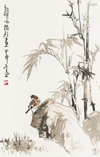 孙其峰 甲申（2004） 指画麻雀 设色纸本 托片