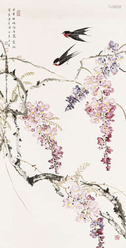 周午生 庚寅（2010） 紫藤双燕 设色纸本 托片