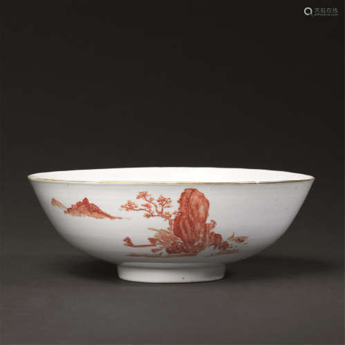 晚清 矾红山水团寿纹碗