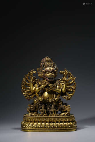 A Gilt Bronze Tibetan Deity 'Da Wei De Jin Gang' Statue